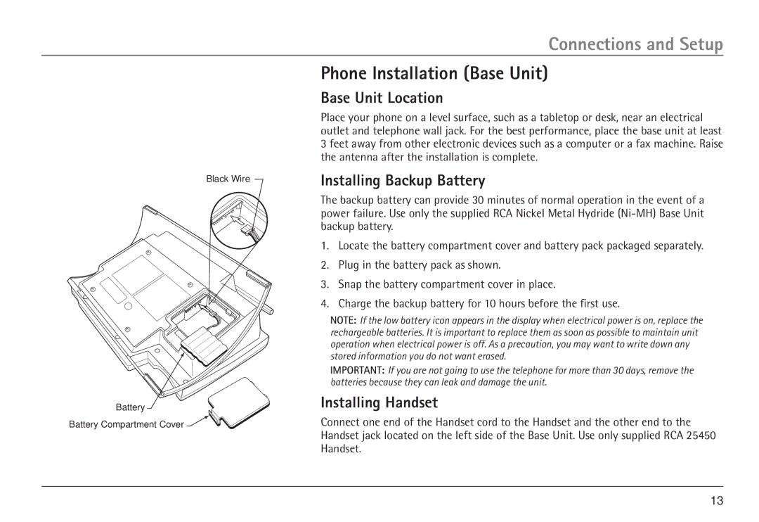 RCA 25450 manual Phone Installation Base Unit, Base Unit Location, Installing Backup Battery, Installing Handset 