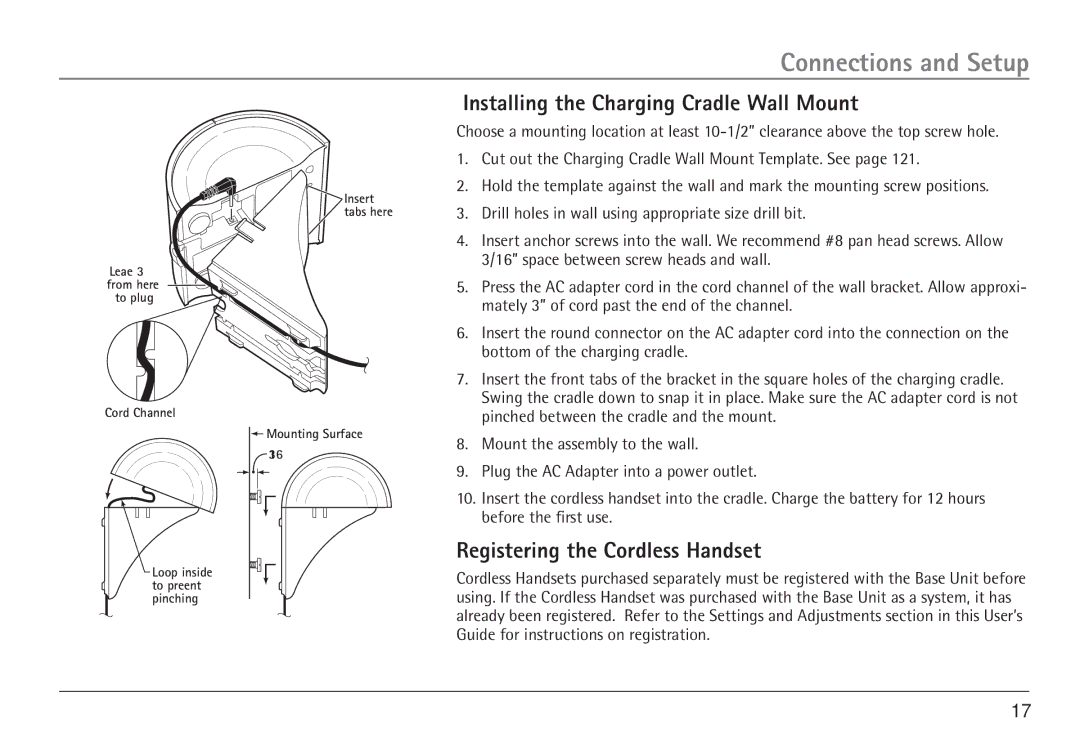 RCA 25450 manual Installing the Charging Cradle Wall Mount, Registering the Cordless Handset 