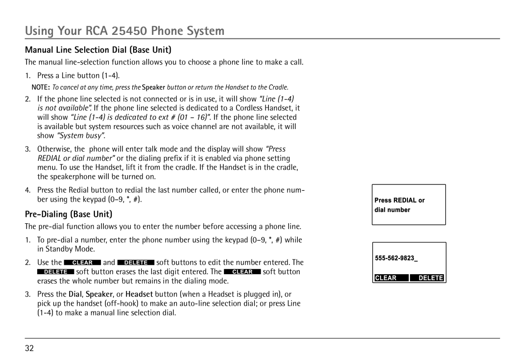 RCA 25450 manual Manual Line Selection Dial Base Unit, Pre-Dialing Base Unit 