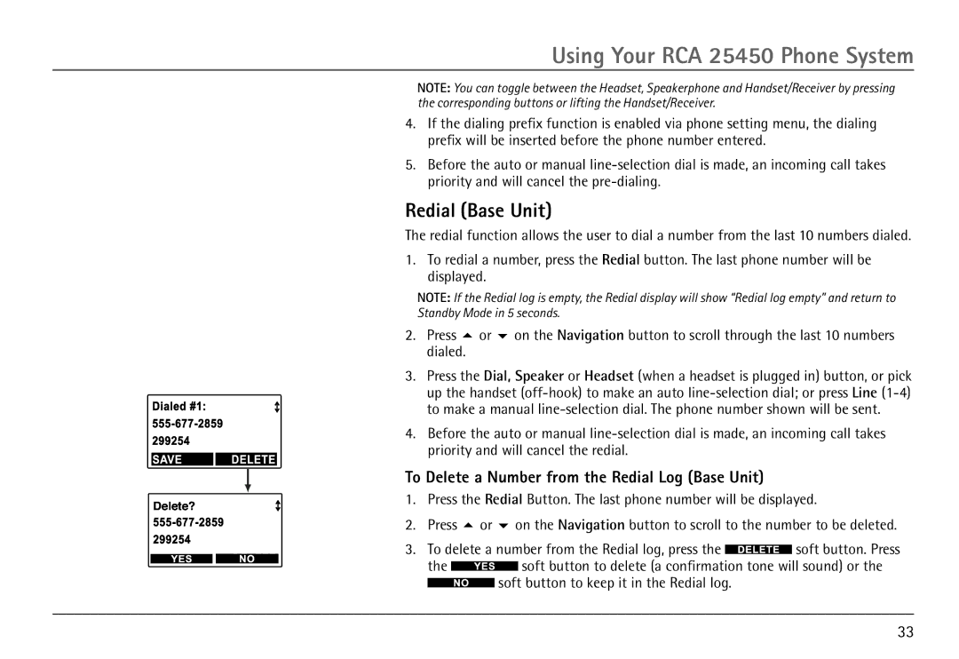 RCA 25450 manual Redial Base Unit, To Delete a Number from the Redial Log Base Unit 