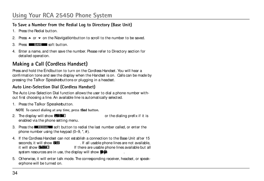 RCA 25450 manual Making a Call Cordless Handset, To Save a Number from the Redial Log to Directory Base Unit 