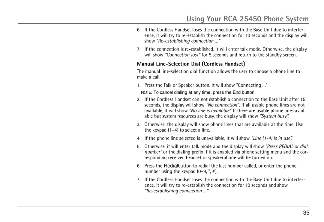 RCA 25450 manual Manual Line-Selection Dial Cordless Handset 