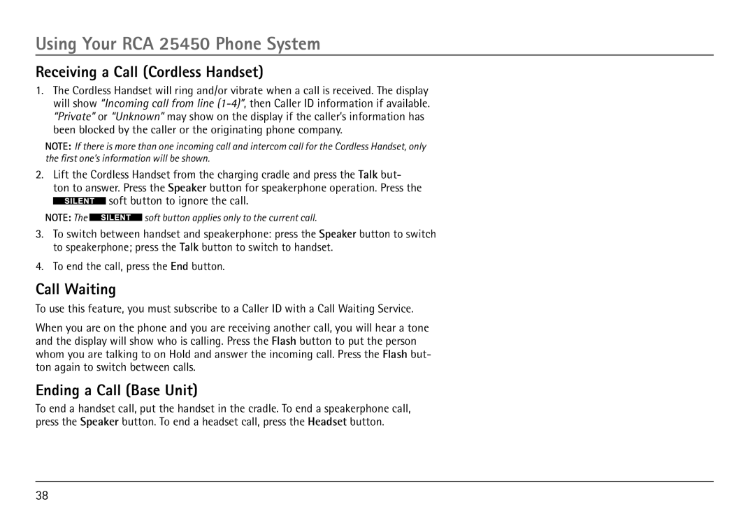 RCA 25450 manual Receiving a Call Cordless Handset, Ending a Call Base Unit 