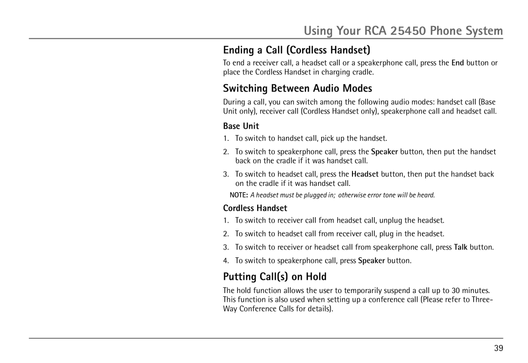 RCA 25450 manual Ending a Call Cordless Handset, Switching Between Audio Modes, Putting Calls on Hold, Base Unit 