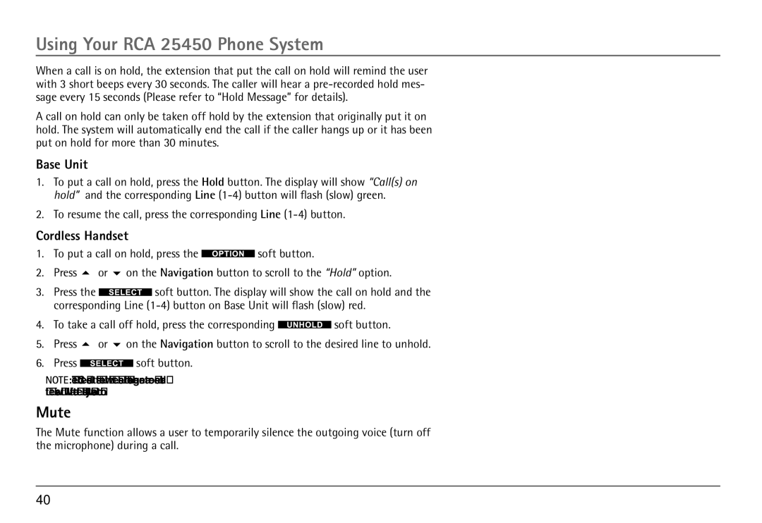 RCA 25450 manual To resume the call, press the corresponding Line 1-4 button 