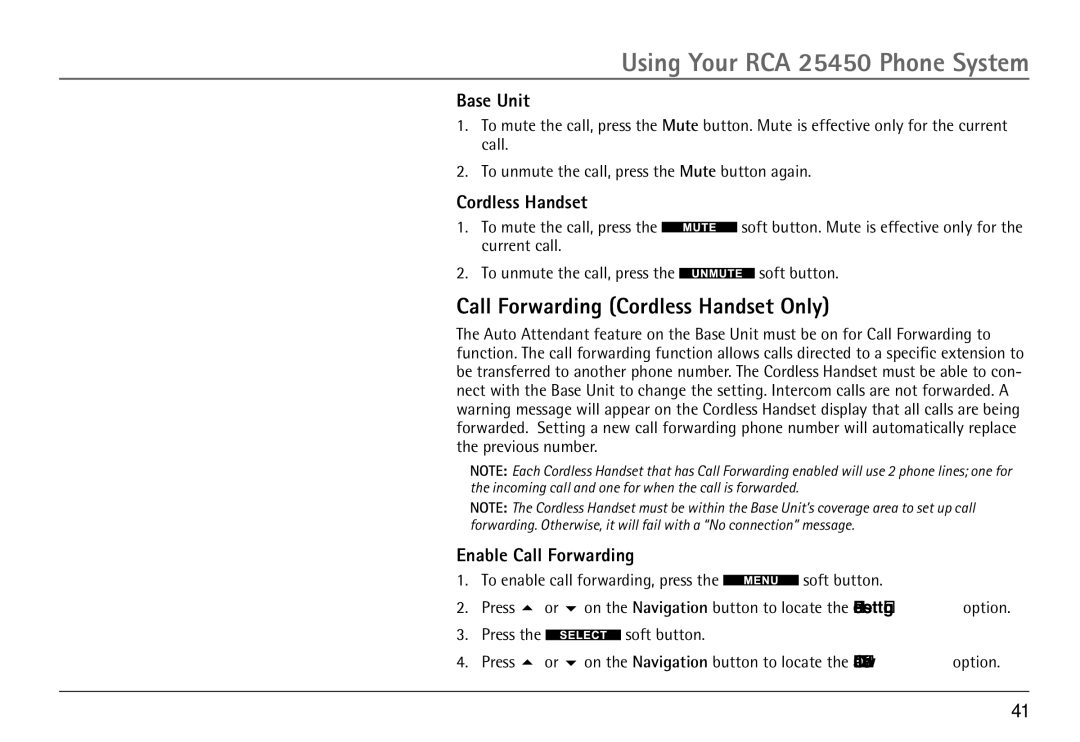 RCA 25450 manual Call Forwarding Cordless Handset Only, Enable Call Forwarding 