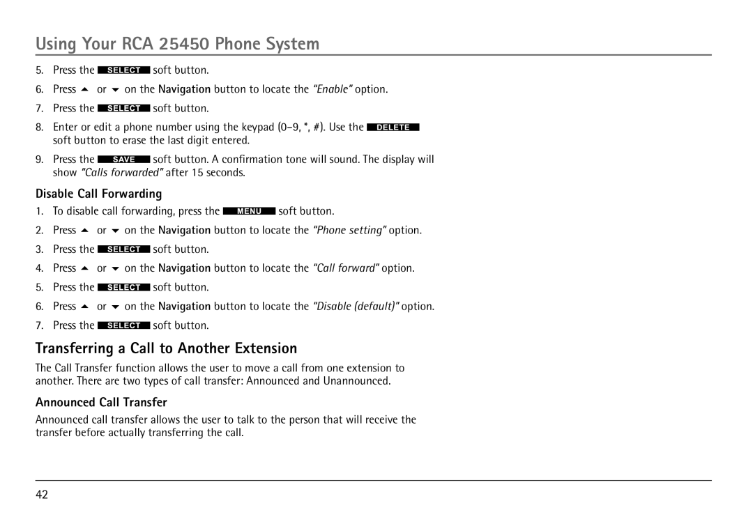 RCA 25450 manual Transferring a Call to Another Extension, Disable Call Forwarding, Announced Call Transfer 