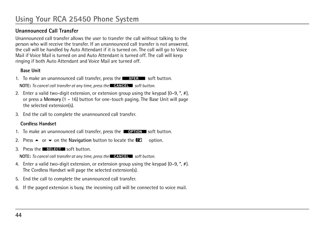 RCA 25450 manual Unannounced Call Transfer 