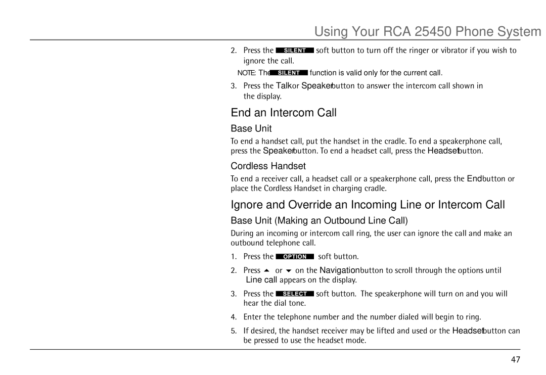 RCA 25450 manual End an Intercom Call, Ignore and Override an Incoming Line or Intercom Call 