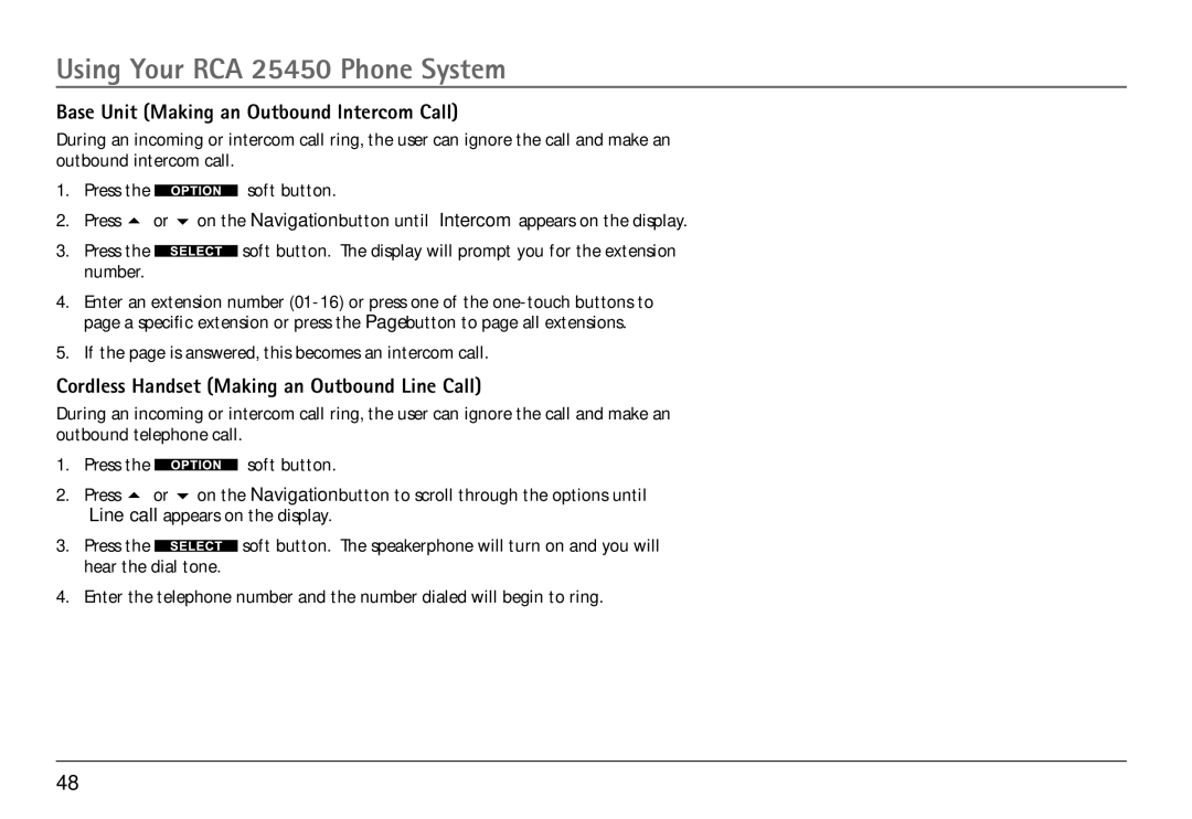 RCA 25450 manual Base Unit Making an Outbound Intercom Call, Cordless Handset Making an Outbound Line Call 