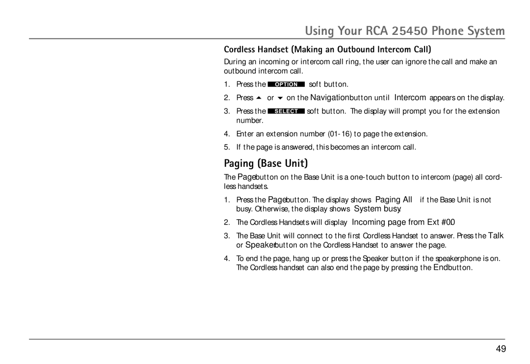 RCA 25450 manual Paging Base Unit, Cordless Handset Making an Outbound Intercom Call 