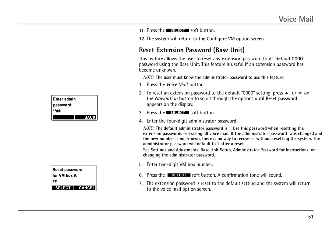 RCA 25450 manual Reset Extension Password Base Unit 