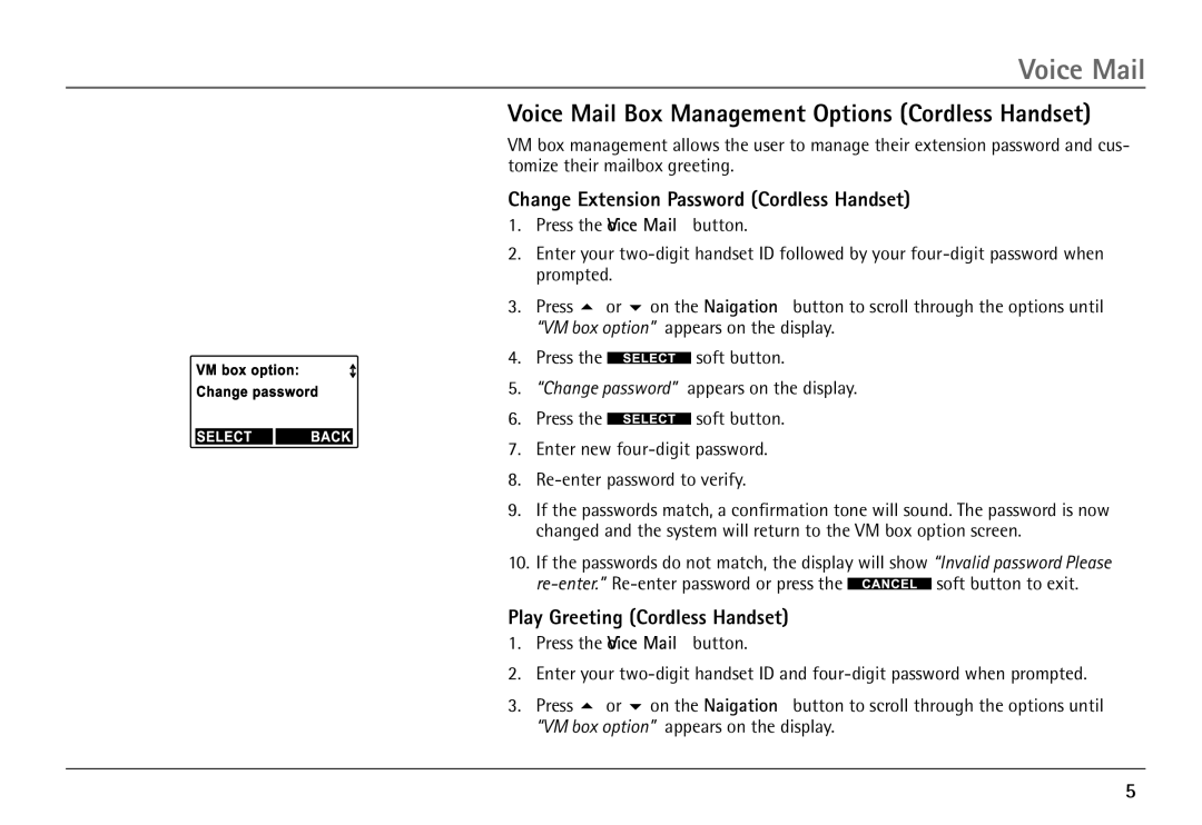 RCA 25450 manual Voice Mail Box Management Options Cordless Handset, Change Extension Password Cordless Handset 