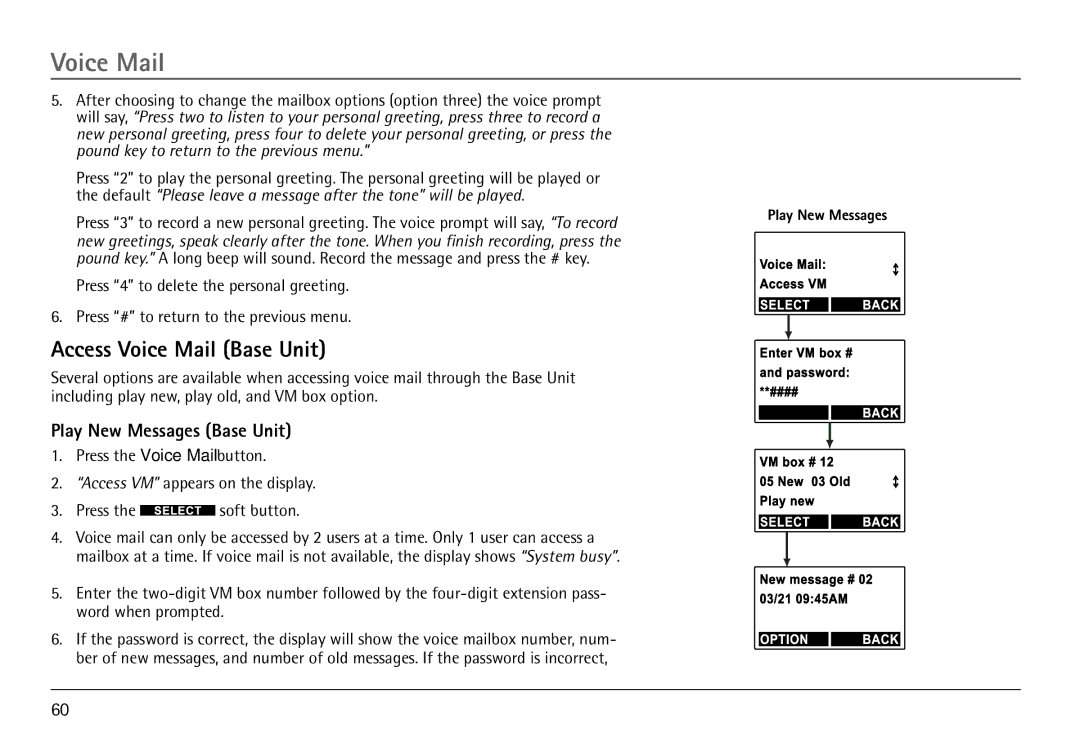 RCA 25450 manual Access Voice Mail Base Unit, Play New Messages Base Unit 