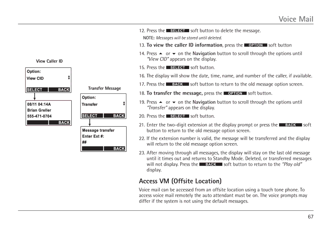 RCA 25450 manual Access VM Offsite Location, To transfer the message, press the soft button 