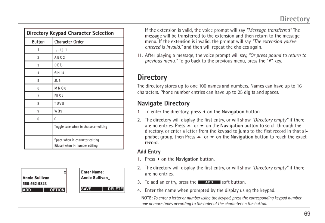 RCA 25450 manual Navigate Directory, Directory Keypad Character Selection, Add Entry 