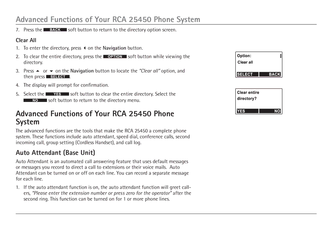 RCA manual Advanced Functions of Your RCA 25450 Phone System, Auto Attendant Base Unit, Clear All 