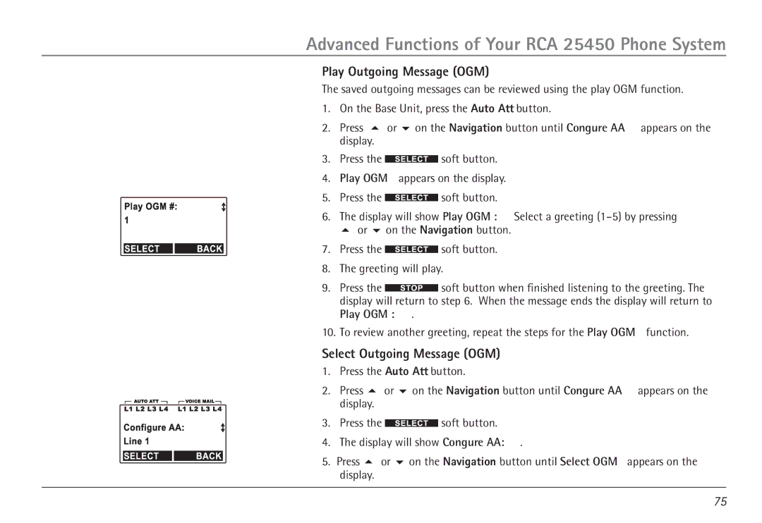 RCA 25450 manual Play Outgoing Message OGM, Select Outgoing Message OGM 