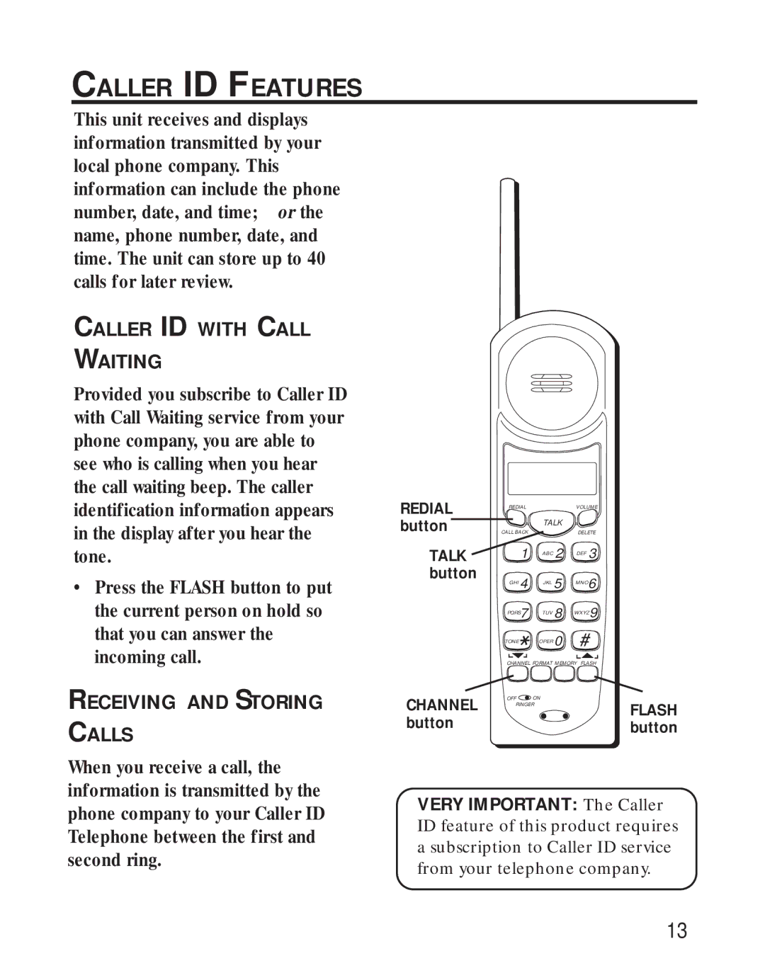 RCA 26730 manual Caller ID Features, Caller ID with Call Waiting, Receiving and Storing Calls 