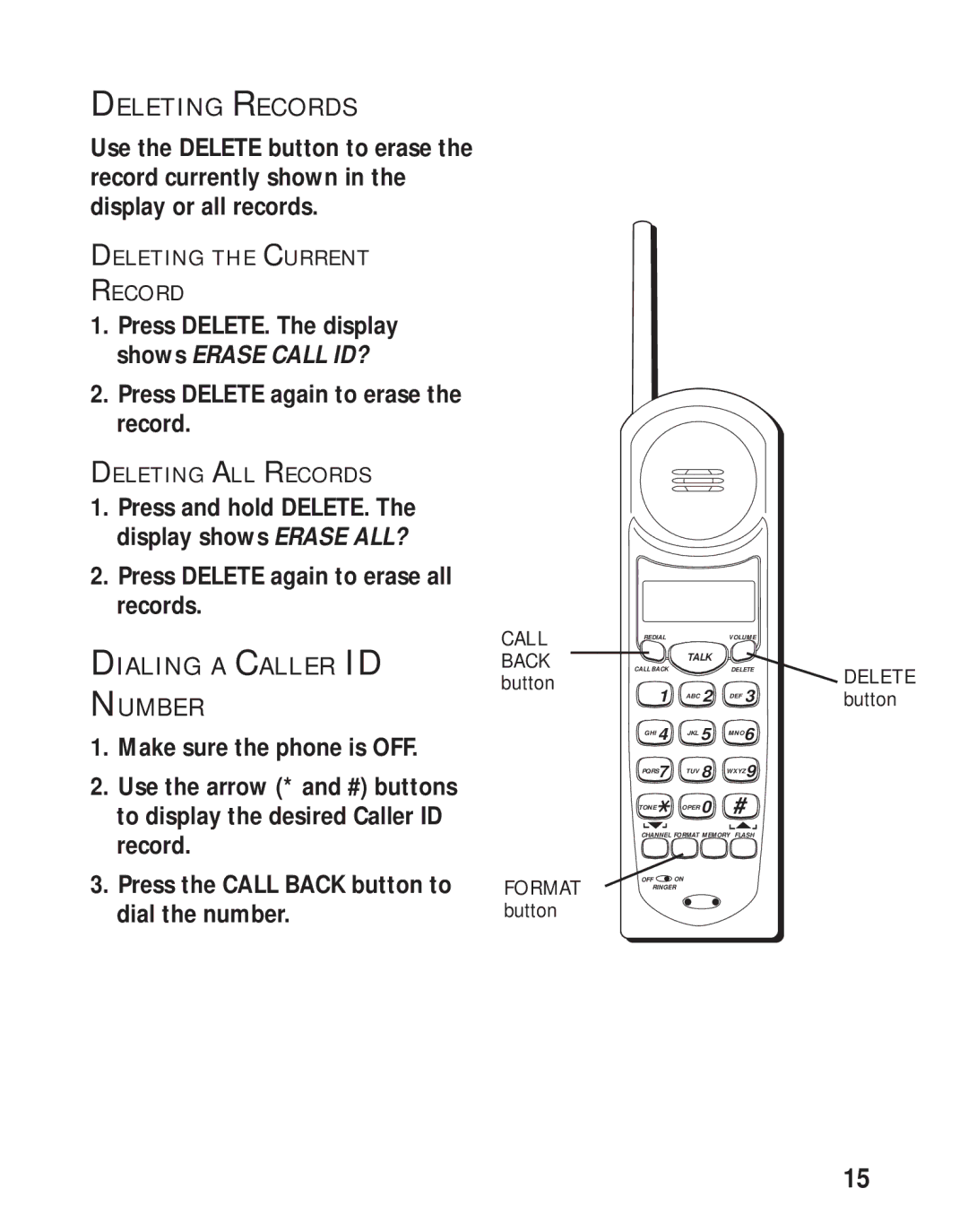 RCA 26730 manual Deleting Records, Dialing a Caller ID Back, Number 