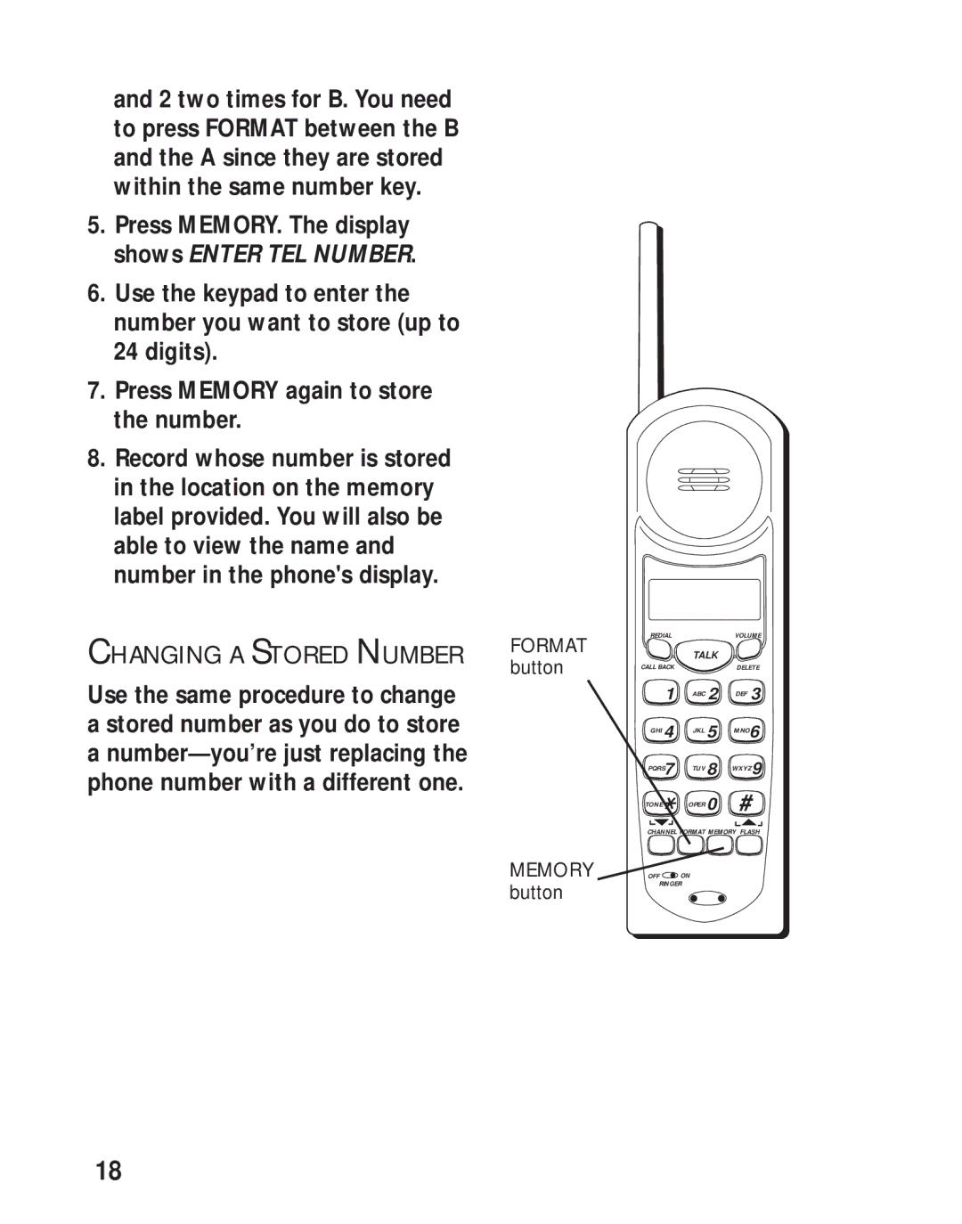 RCA 26730 manual Changing a Stored Number, Format button Memory button 