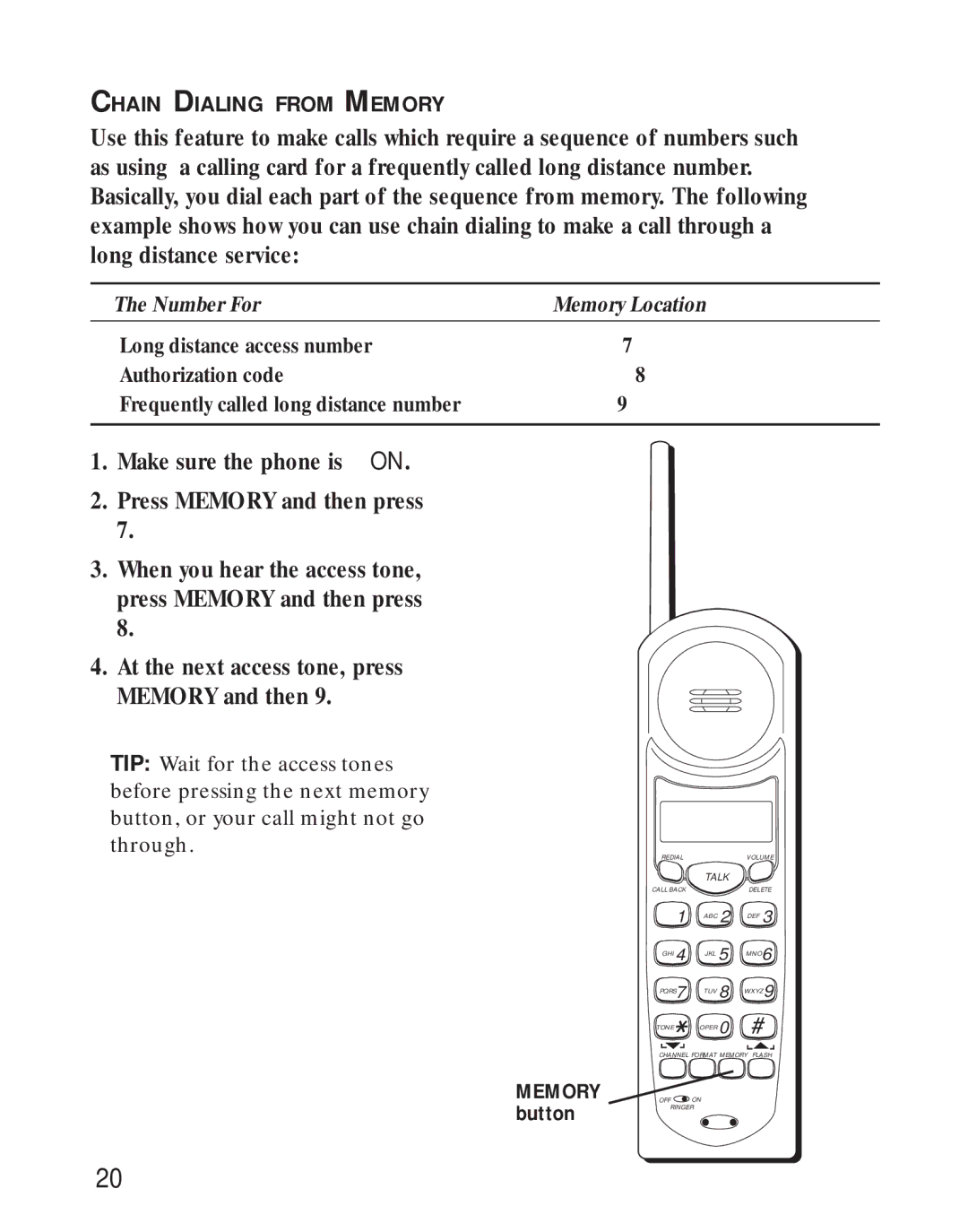 RCA 26730 manual Make sure the phone is on Press Memory and then press 