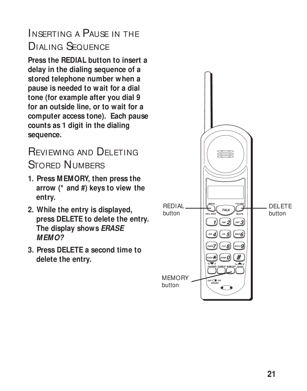 RCA 26730 manual Inserting a Pause Dialing Sequence, Reviewing and Deleting Stored Numbers 