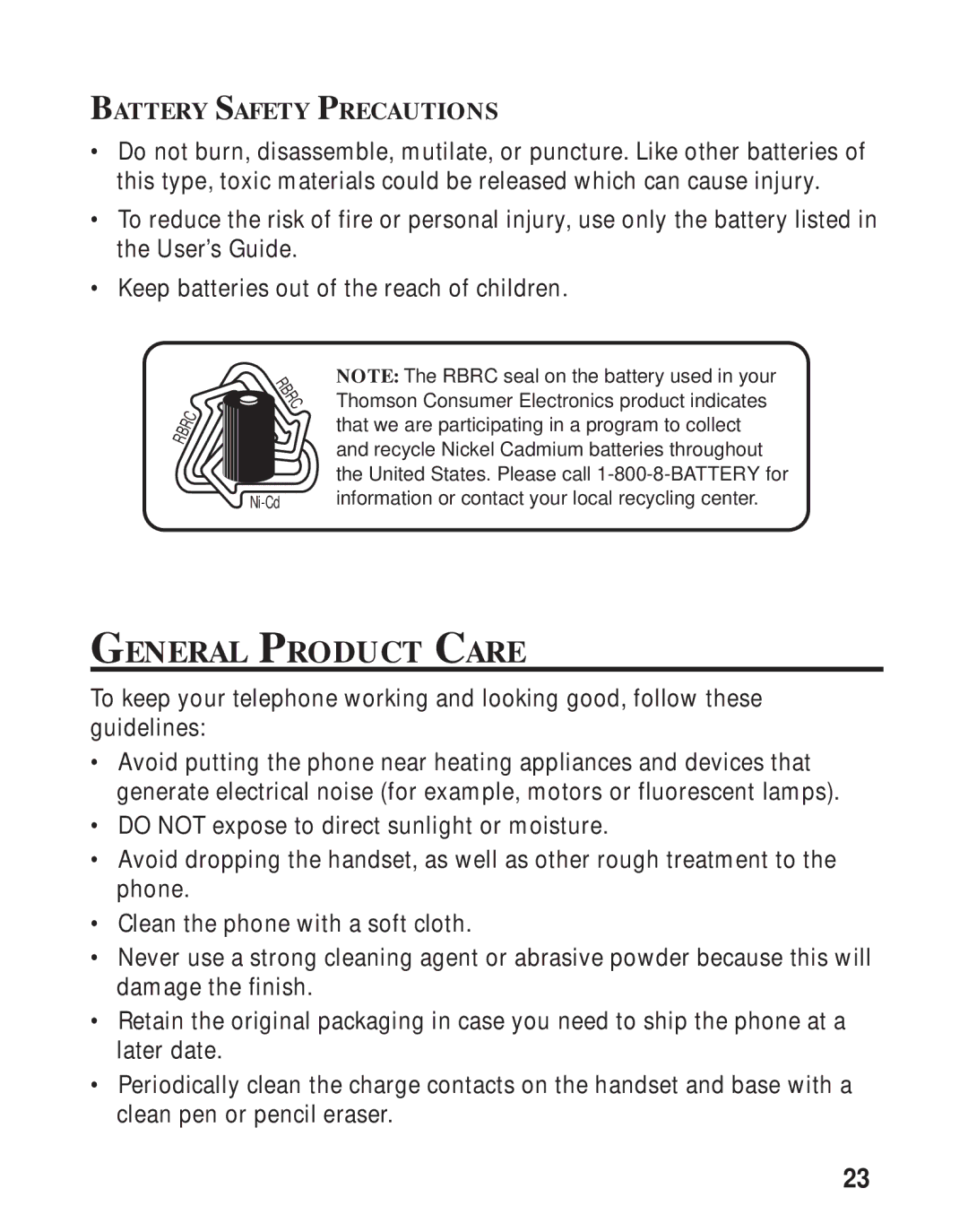 RCA 26730 manual General Product Care, Battery Safety Precautions 