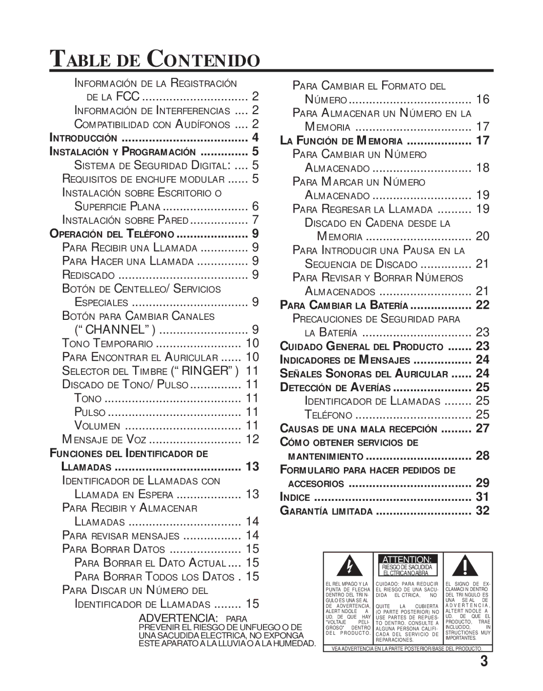 RCA 26730 manual Table DE Contenido, De La Fcc 