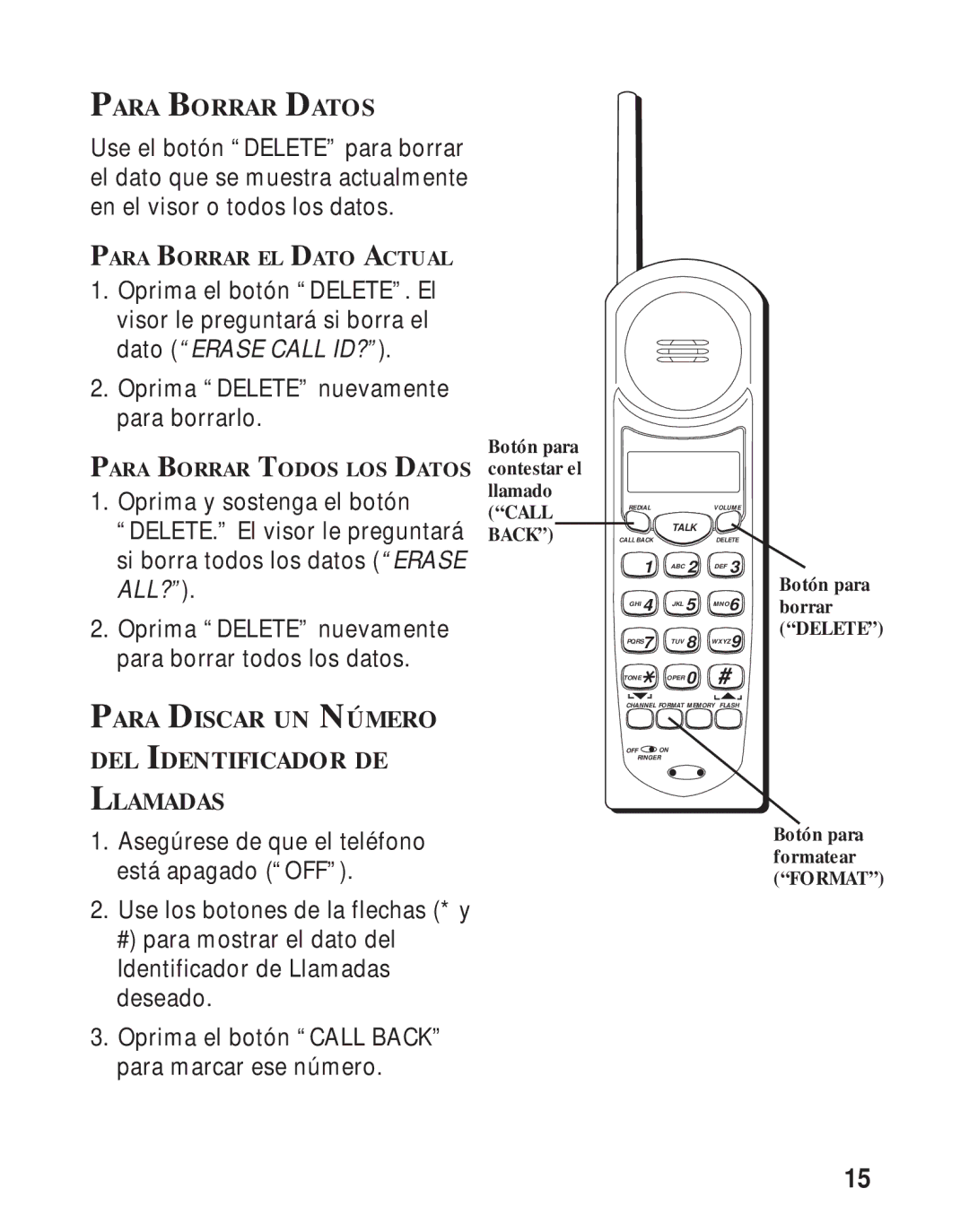 RCA 26730 manual Para Borrar Datos, Para Discar UN Número DEL Identificador DE Llamadas 