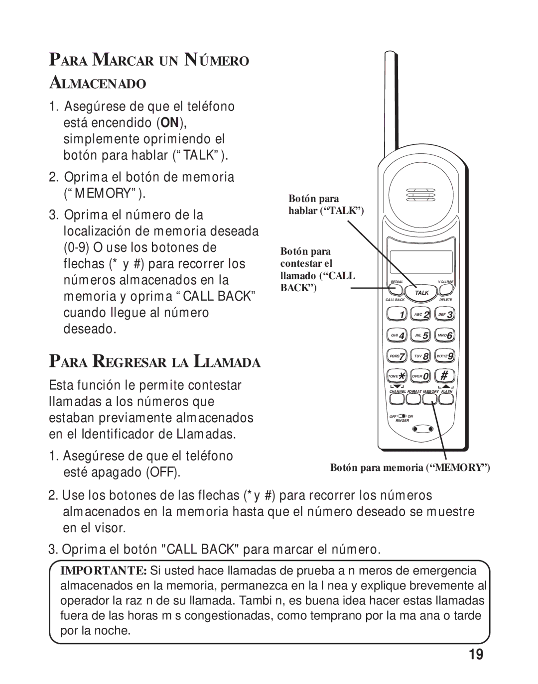 RCA 26730 manual Para Marcar UN Número Almacenado, Para Regresar LA Llamada 