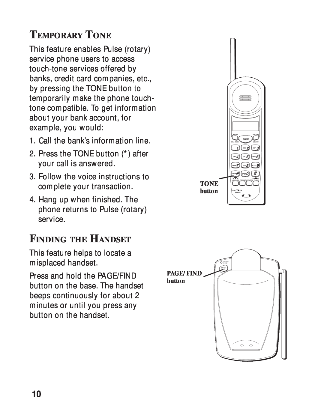 RCA 26730 manual Temporary Tone, Finding The Handset 