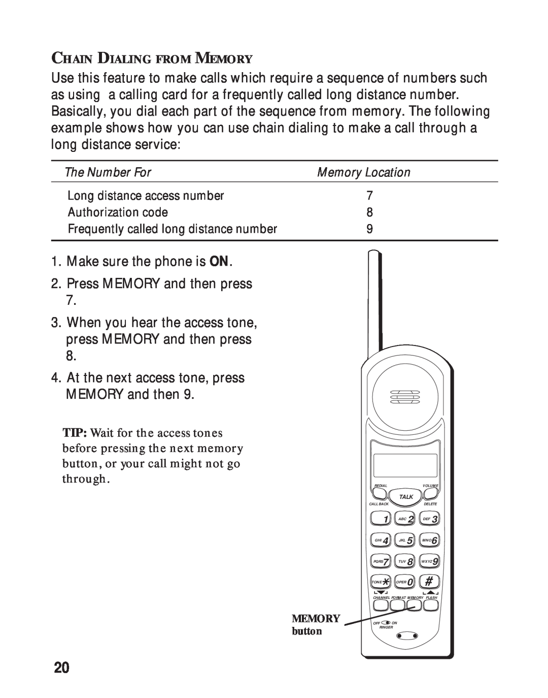 RCA 26730 manual Make sure the phone is ON 2. Press MEMORY and then press 