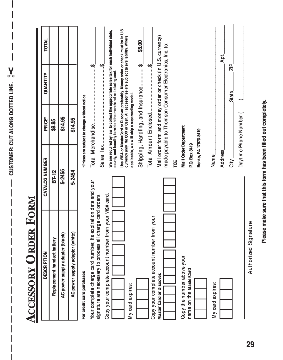 RCA 26730 Accessory Order Form, $9.95, $14.95, Customer Cut Along Dotted Line, Description, Catalog Number, Price, Total 