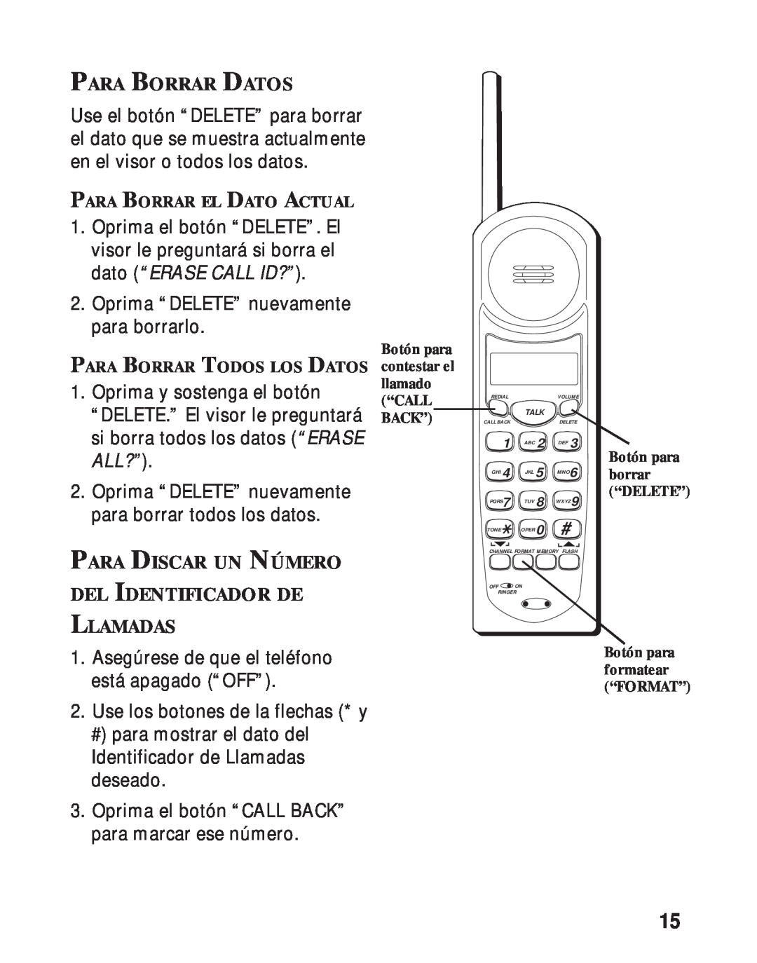 RCA 26730 manual Para Borrar Datos, Para Discar Un Número Del Identificador De Llamadas, dato “ERASE CALL ID?”, All?” 