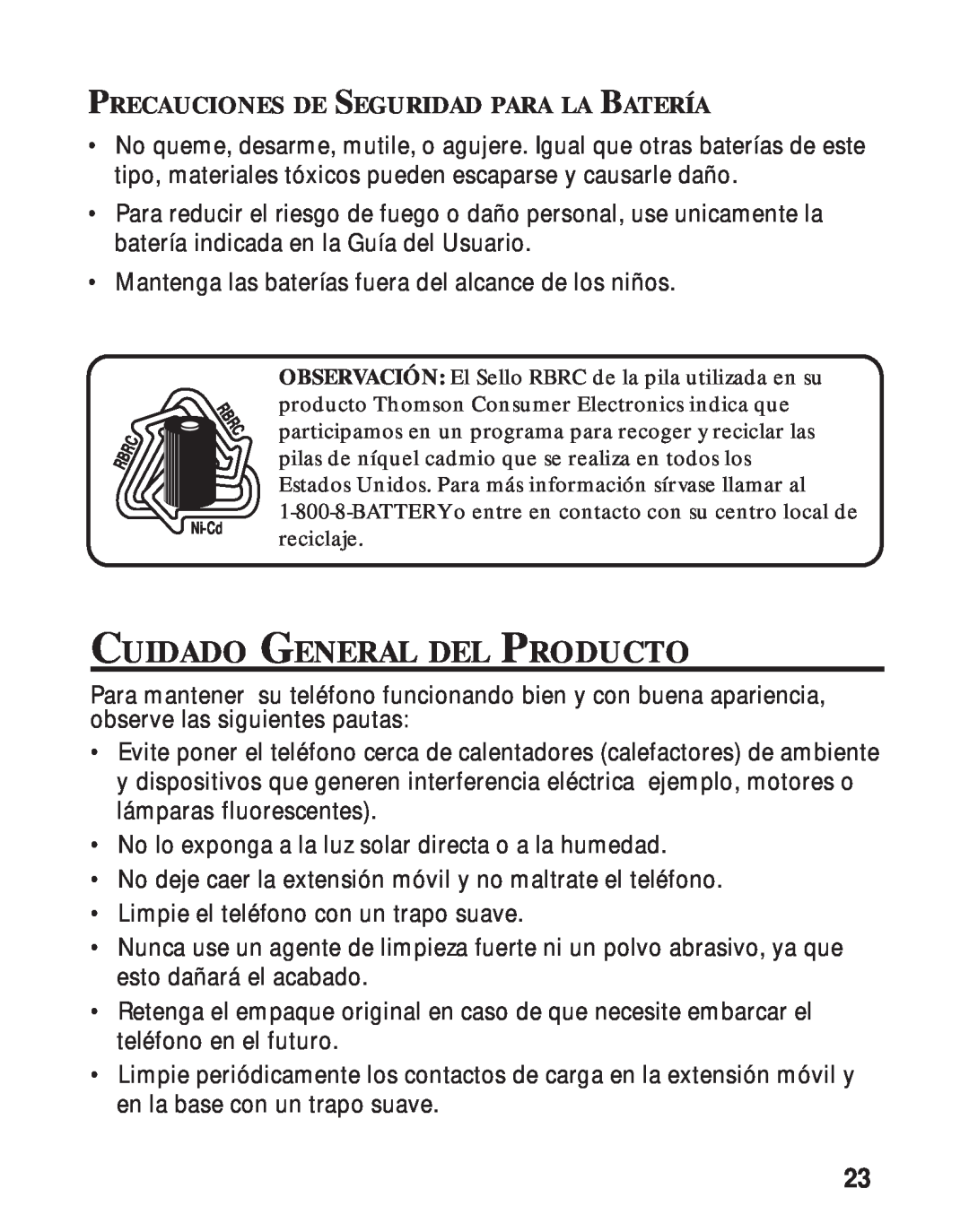 RCA 26730 manual Cuidado General Del Producto, Precauciones De Seguridad Para La Batería 