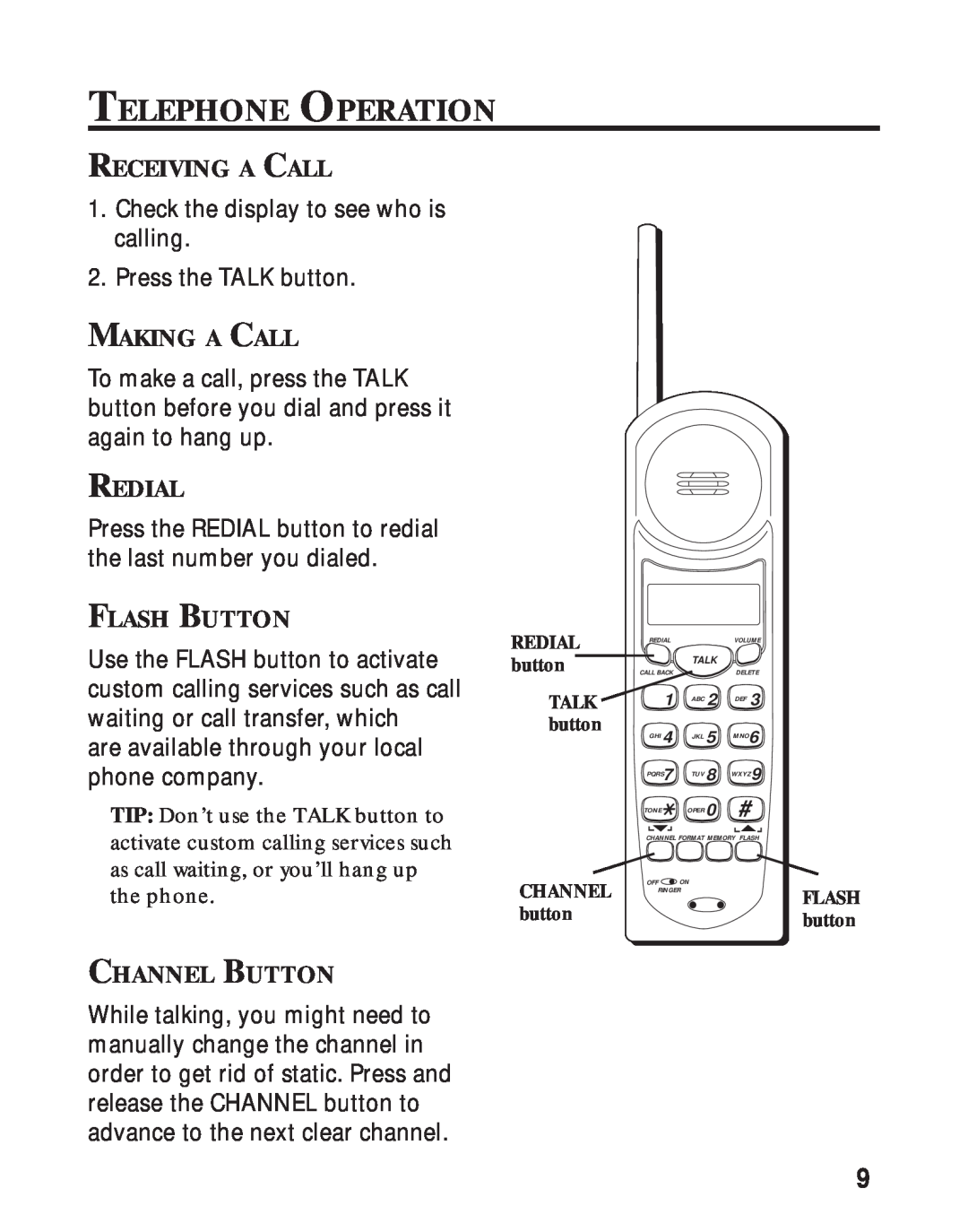 RCA 26730 manual Telephone Operation, Receiving A Call, Making A Call, Redial, Flash Button, Channel Button 