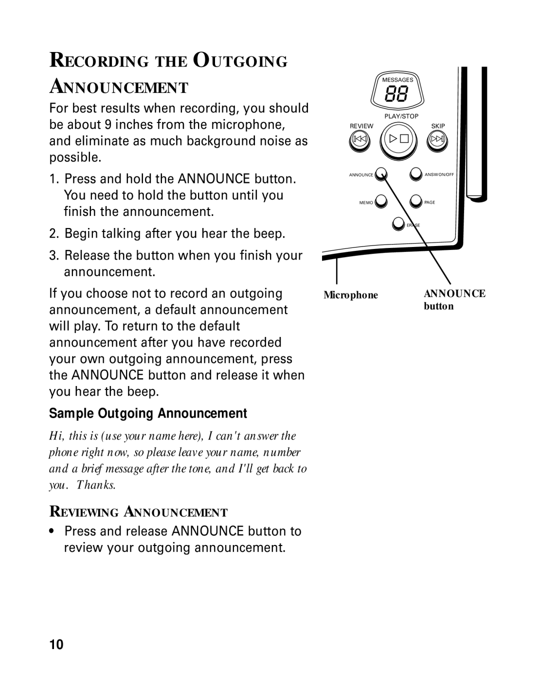 RCA 26790 manual Recording the Outgoing Announcement, Sample Outgoing Announcement 