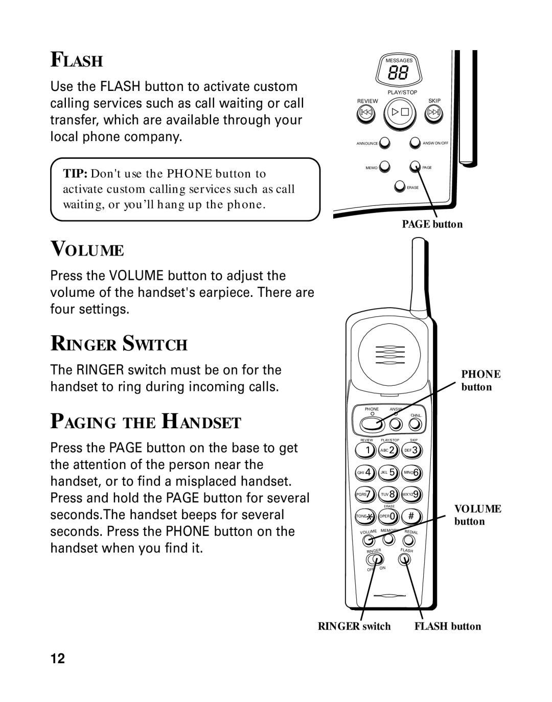 RCA 26790 manual Flash, Volume, Ringer Switch, Paging the Handset 