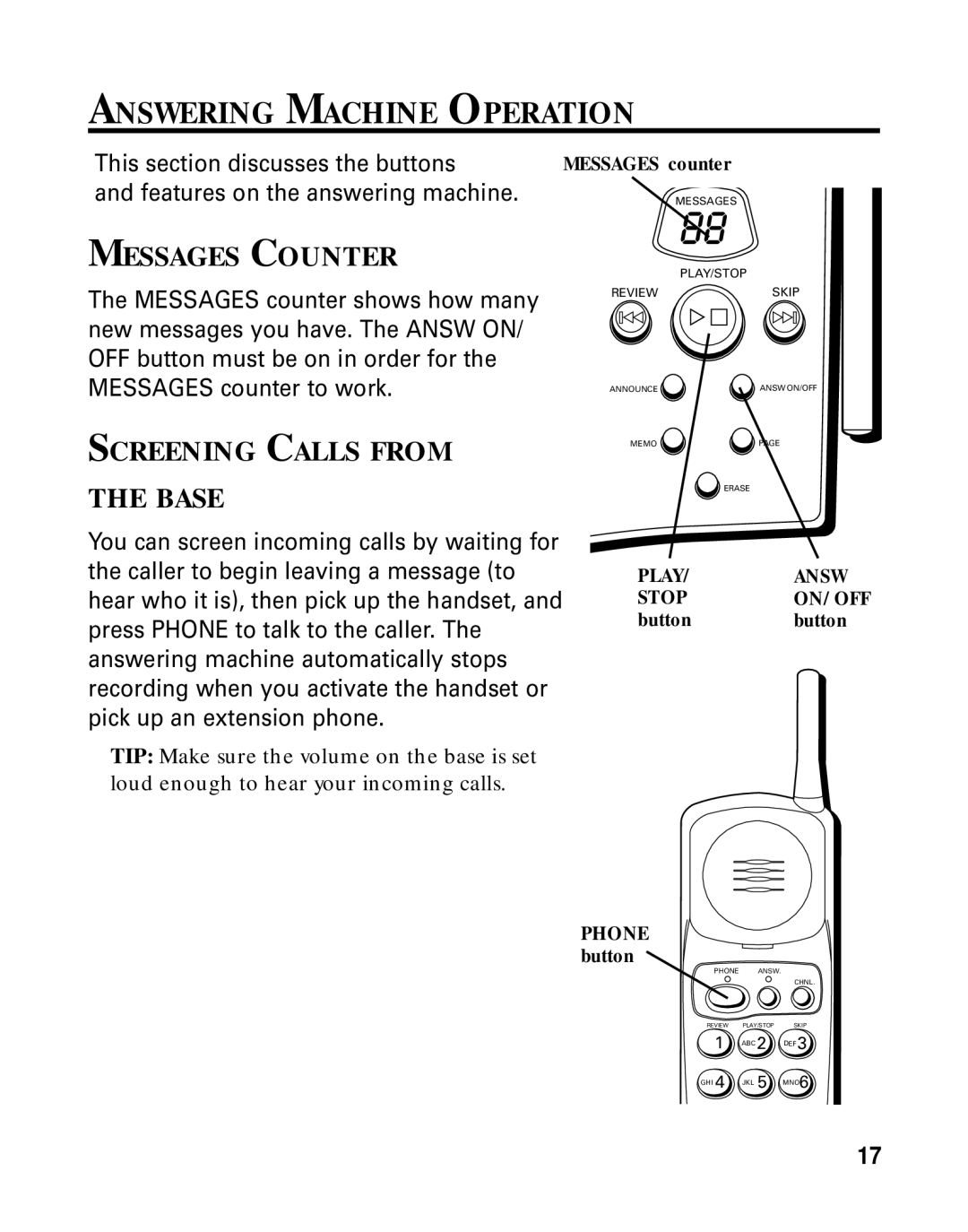 RCA 26790 manual Answering Machine Operation, Messages Counter, Screening Calls from, Base 