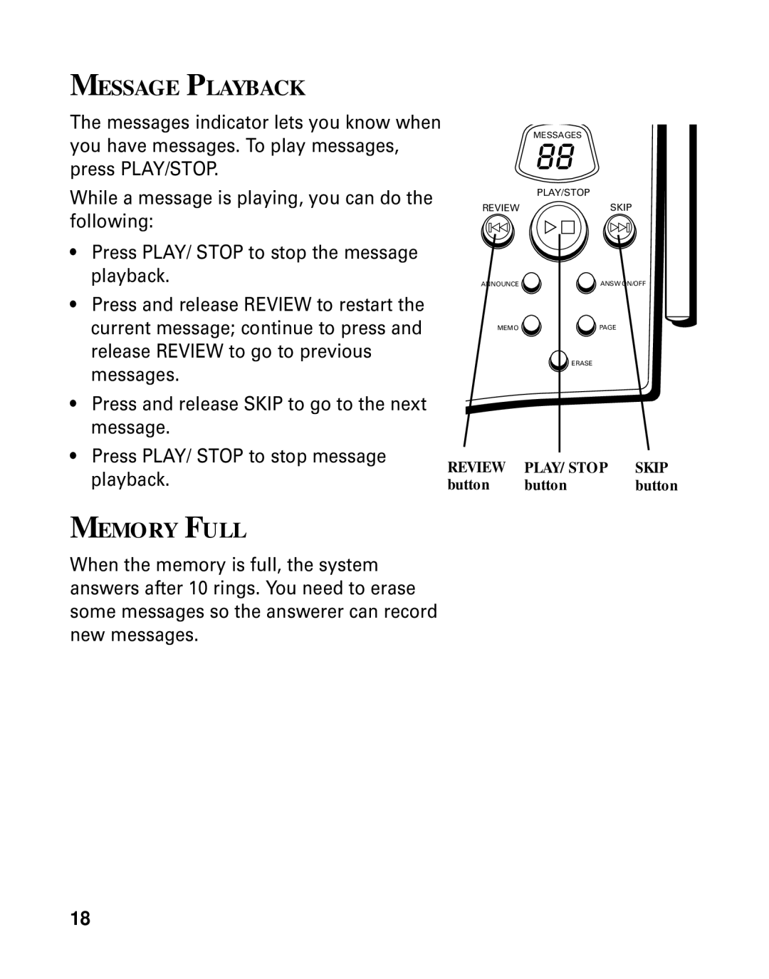 RCA 26790 manual Message Playback, Memory Full 