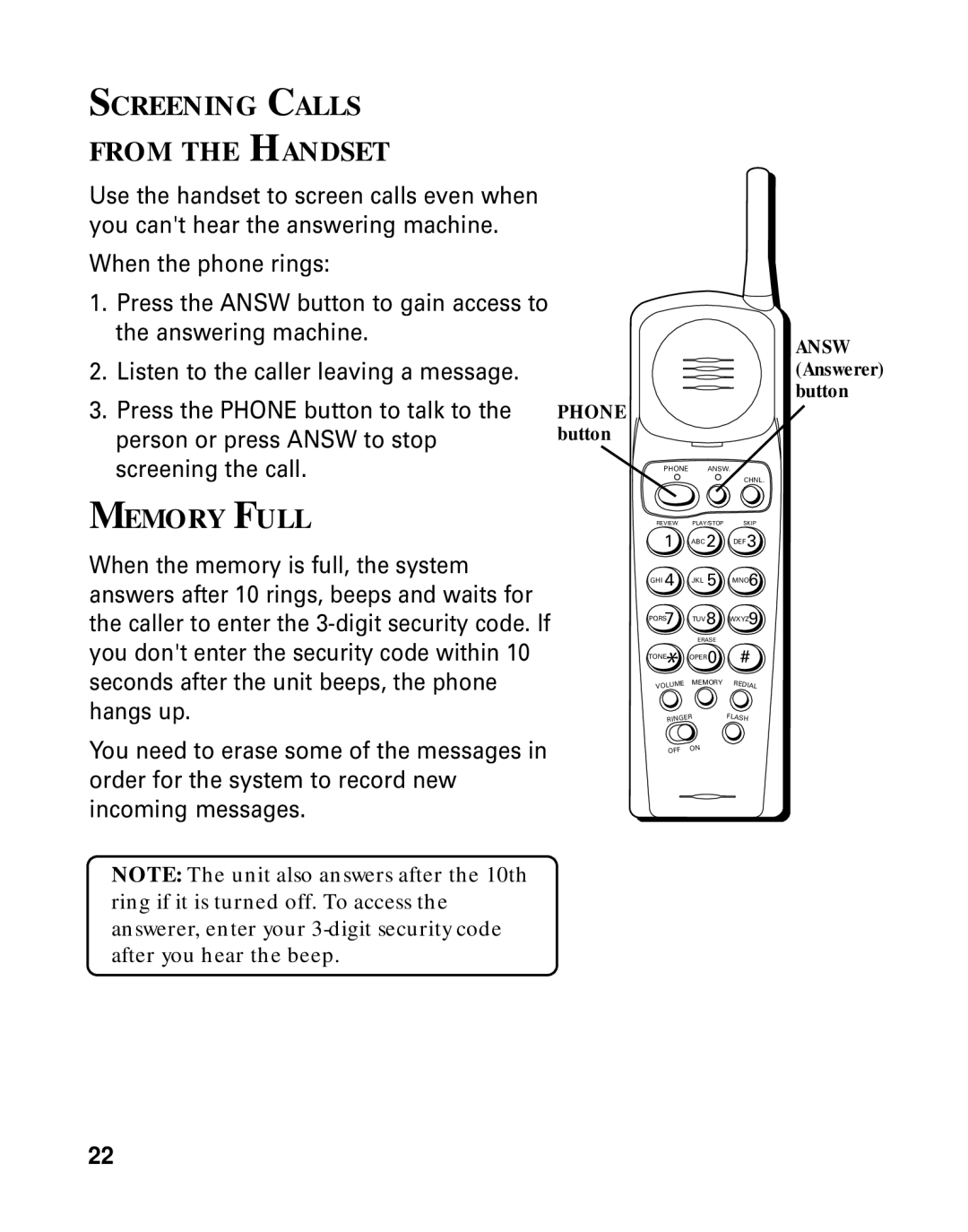 RCA 26790 manual Screening Calls From the Handset, Memory Full 