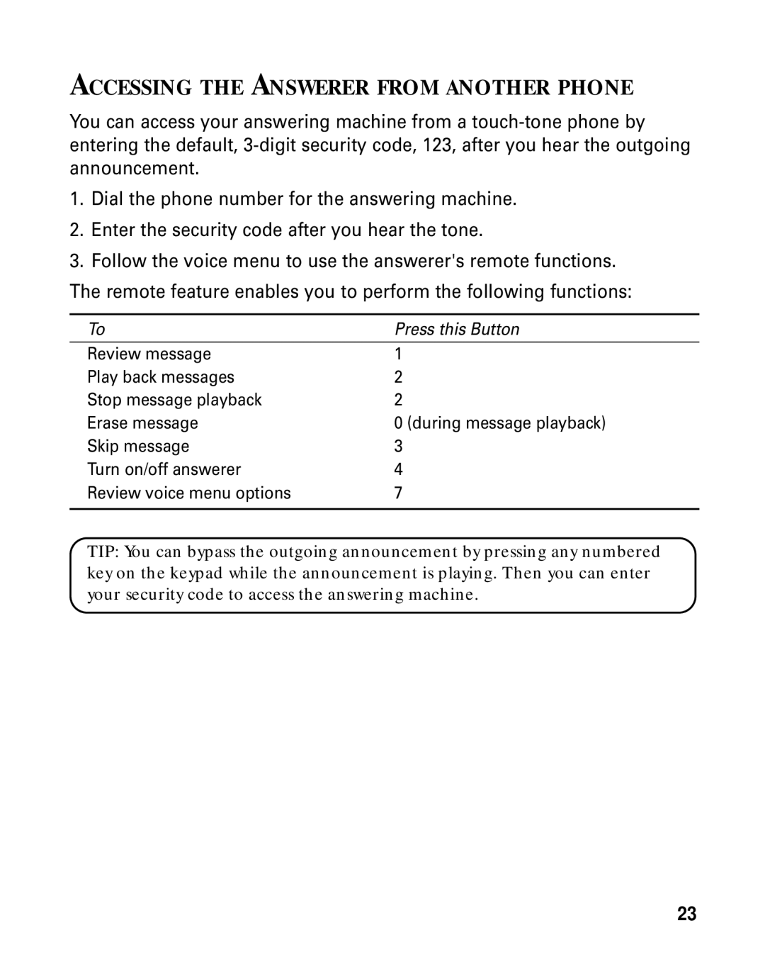 RCA 26790 manual Accessing the Answerer from Another Phone 