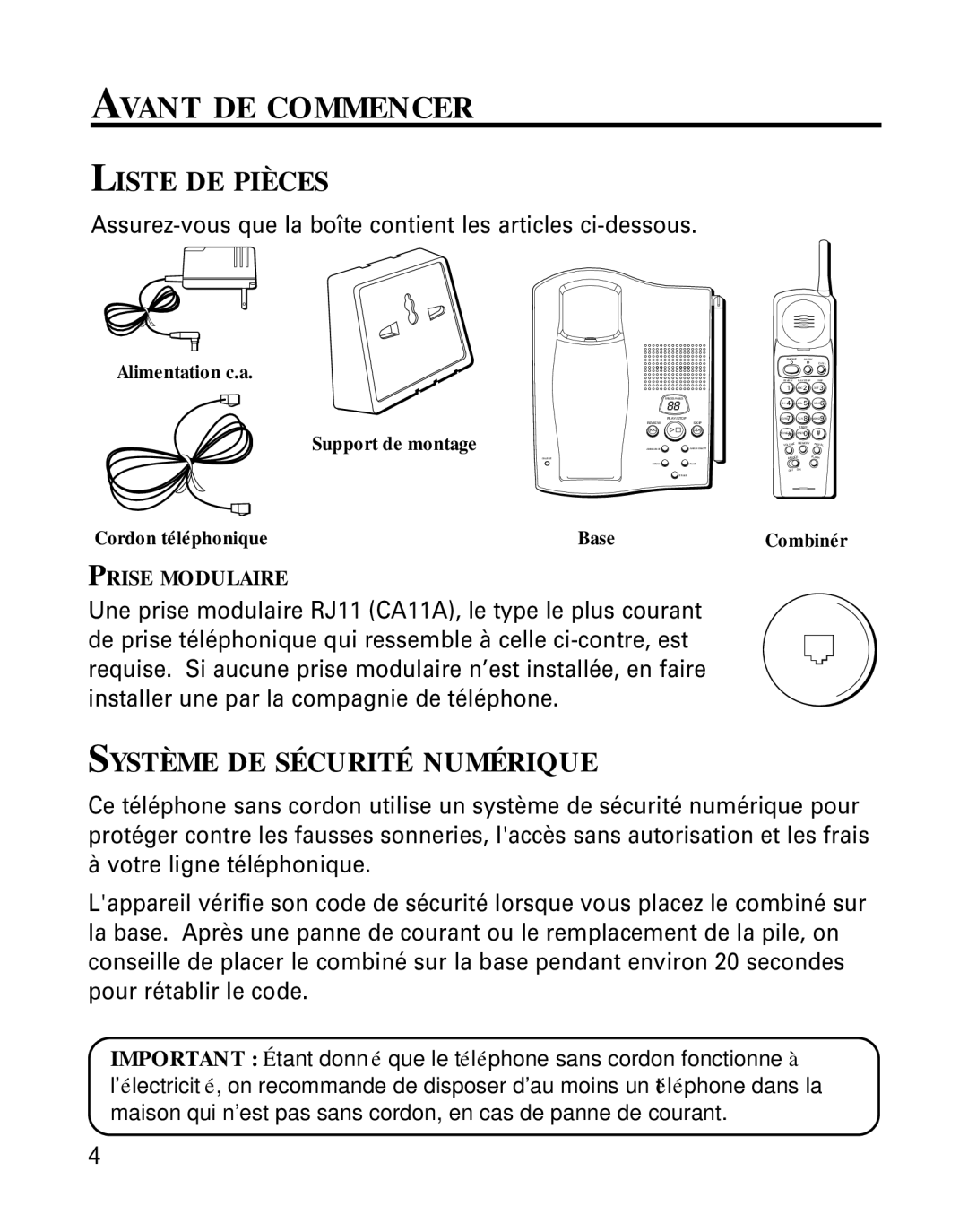 RCA 26790 manual Avant DE Commencer, Liste DE Pièces, Système DE Sécurité Numérique 