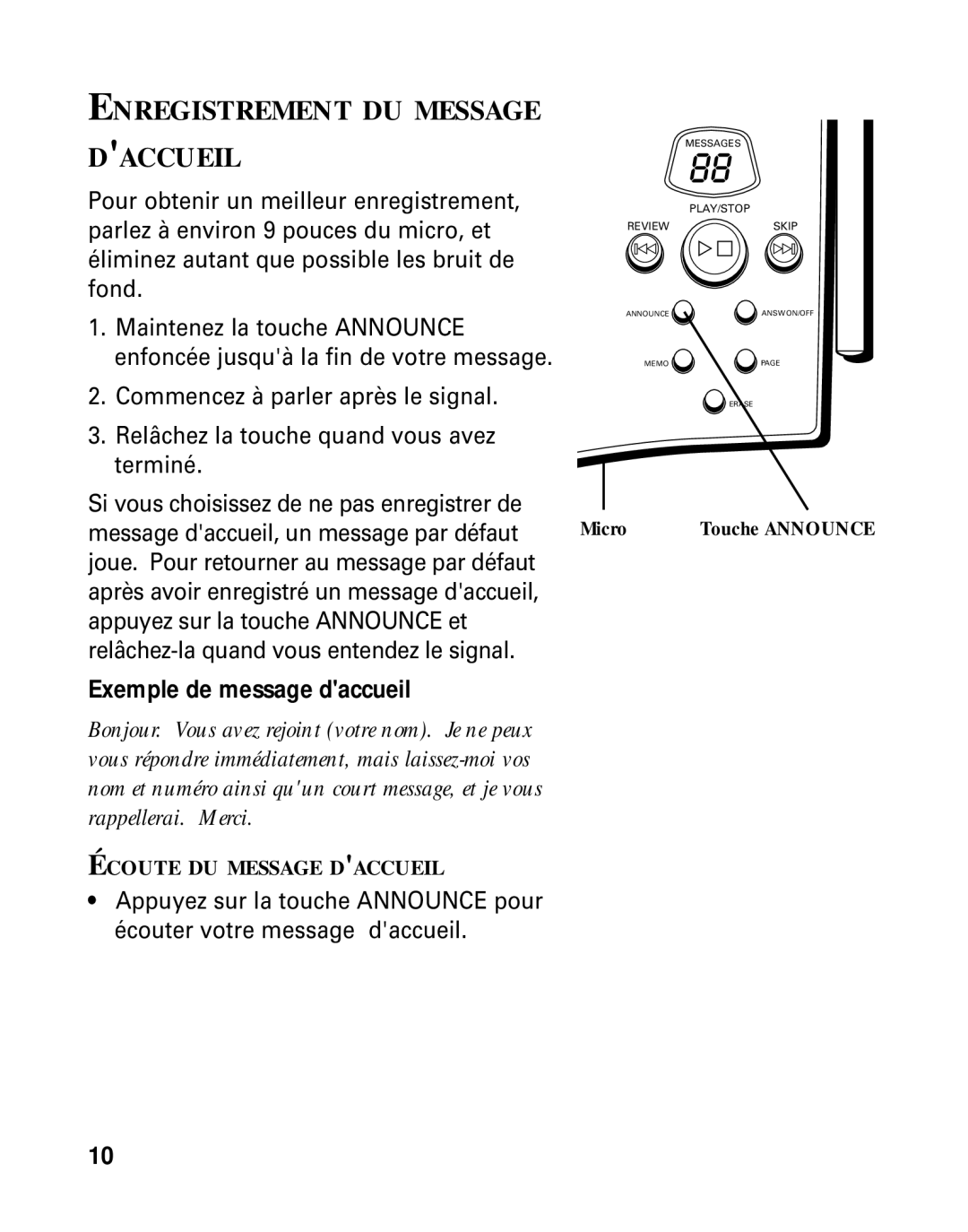 RCA 26790 manual Enregistrement DU Message Daccueil, Exemple de message daccueil 