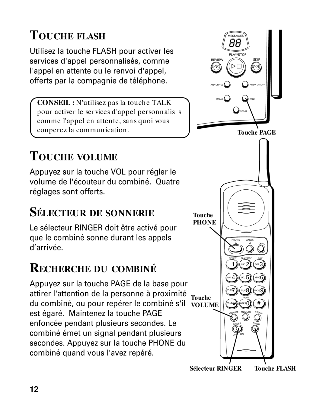 RCA 26790 manual Touche Flash, Touche Volume, Sélecteur DE Sonnerie, Recherche DU Combiné 