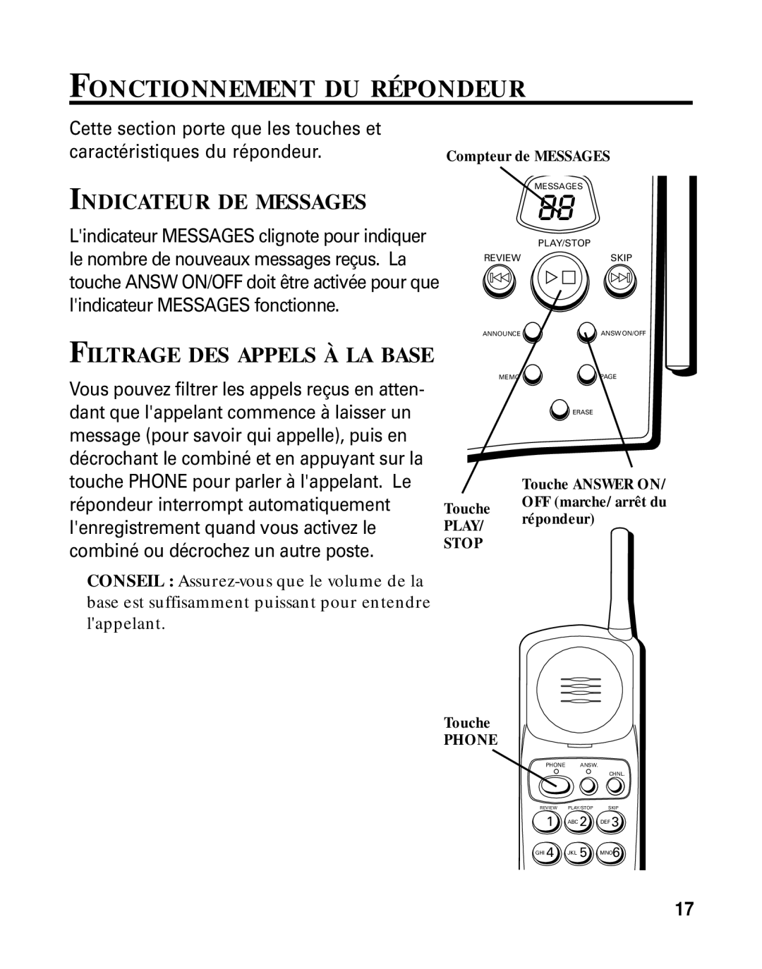 RCA 26790 manual Fonctionnement DU Répondeur, Indicateur DE Messages, Filtrage DES Appels À LA Base 