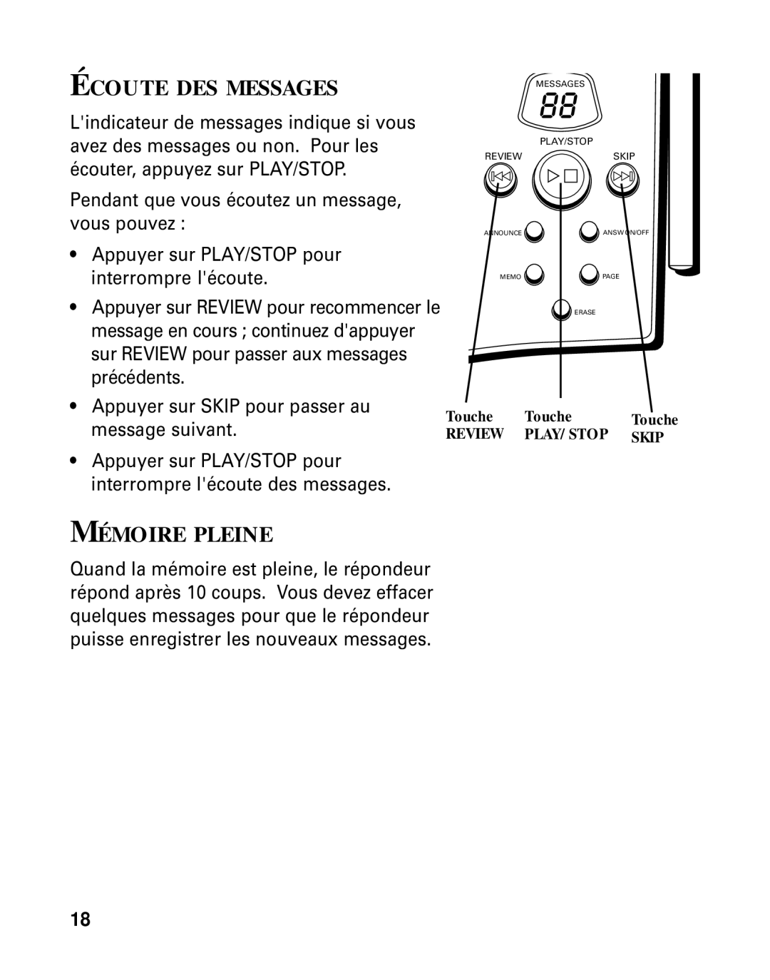 RCA 26790 manual Écoute DES Messages, Mémoire Pleine 