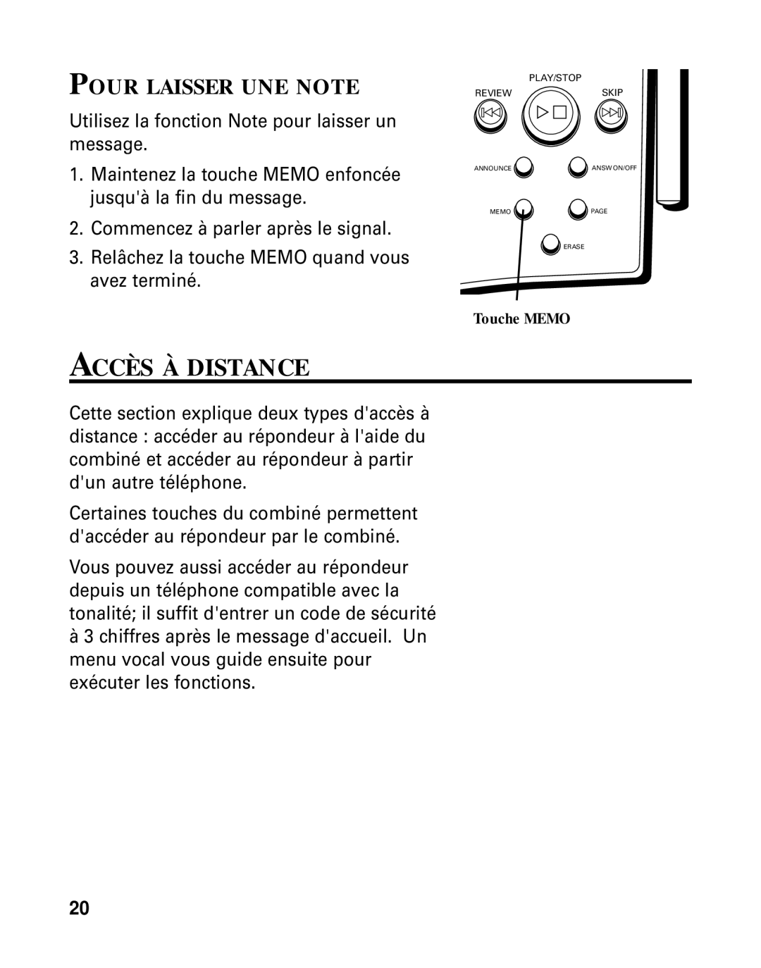 RCA 26790 manual Accès À Distance, Pour Laisser UNE Note 