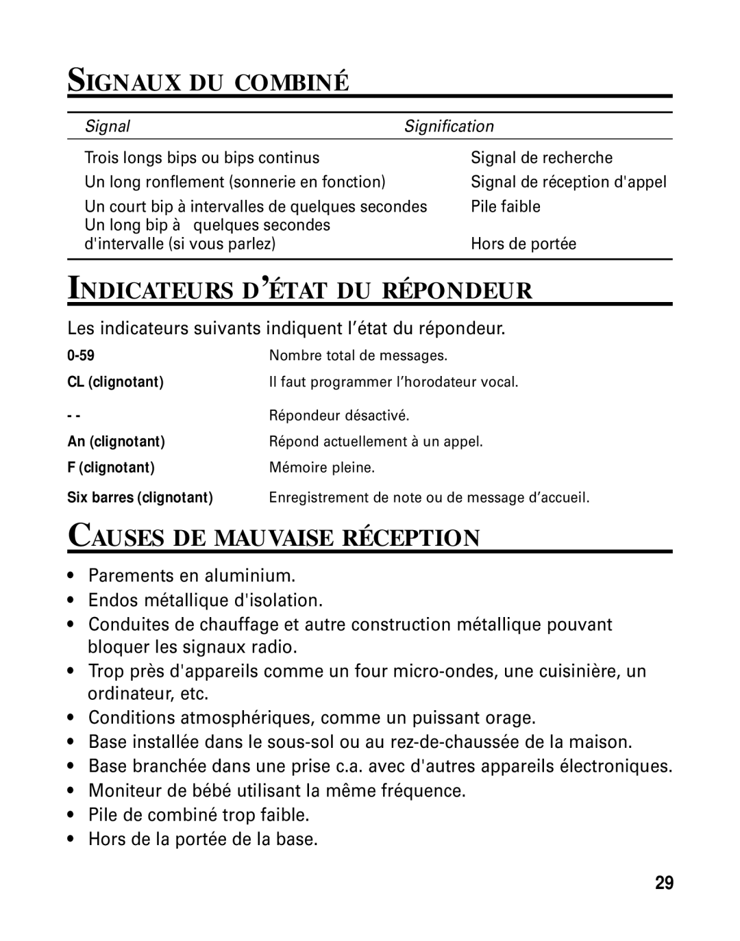 RCA 26790 manual Signaux DU Combiné, Indicateurs D’ÉTAT DU Répondeur, Causes DE Mauvaise Réception 